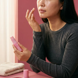Black woman in rust turtleneck examining a pink Yubiskin product tube, reflected in a round mirror, pink background